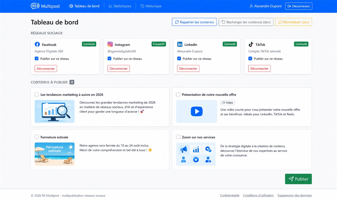 Tableau de bord RS Multipost : réseaux connectés et contenus à publier